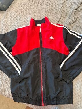Adidas Red and Black Athletic Track Jacket with White Stripes -Kids